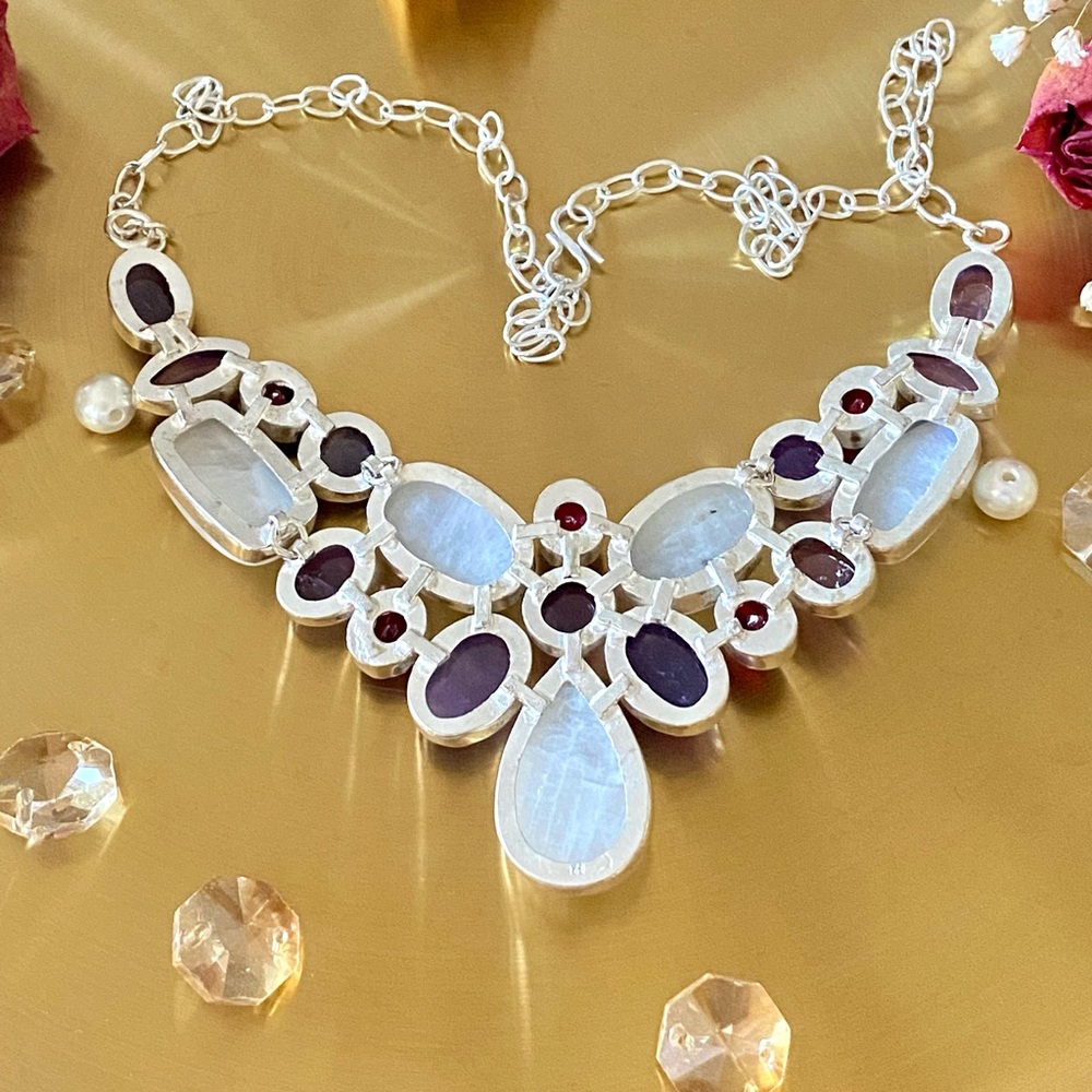 Rainbow Moonstone, Amethyst And Garnet Cluster Necklace - Picture 11 of 13